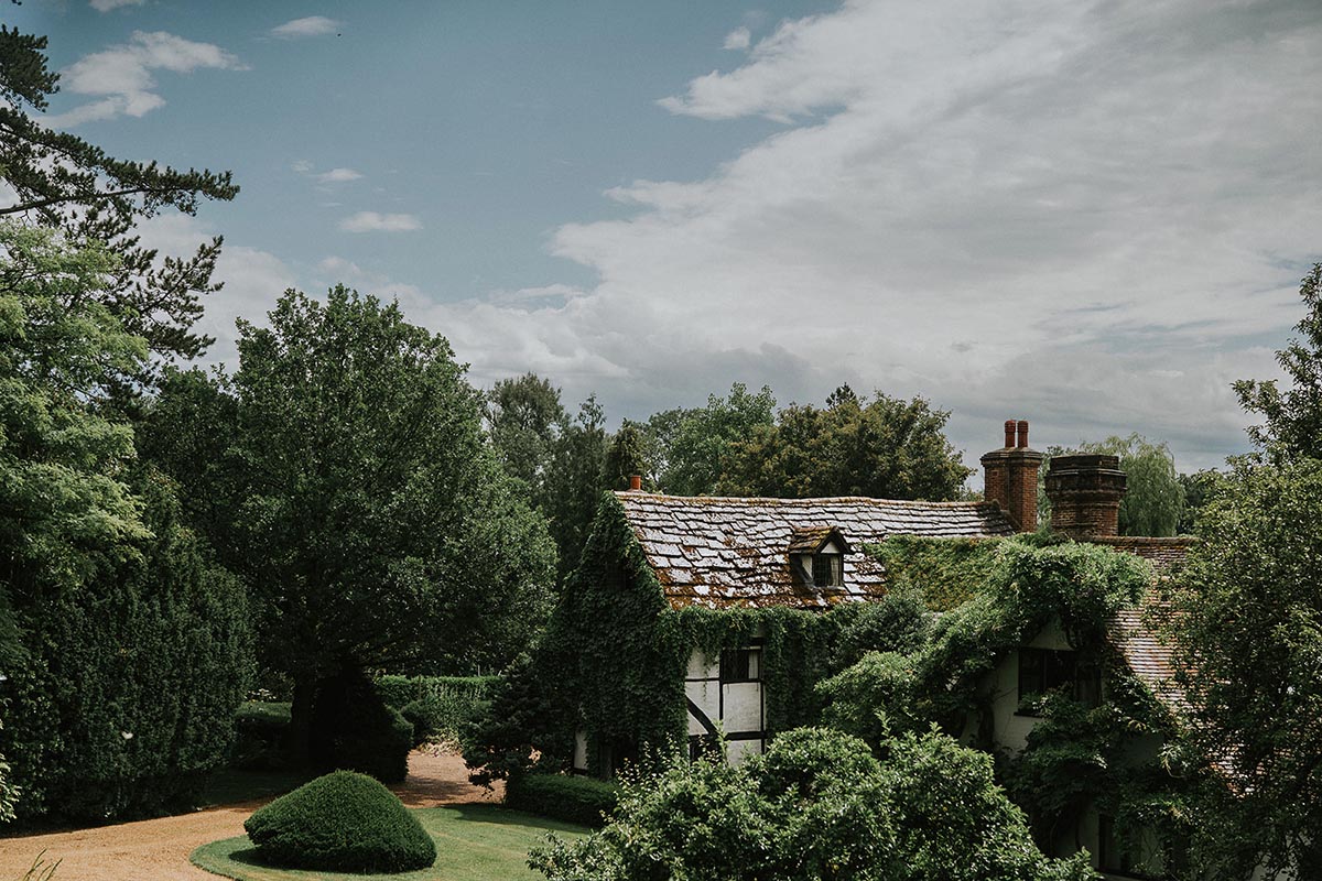 Image from above showing the farmhouse at Ridge Farm on a wedding day