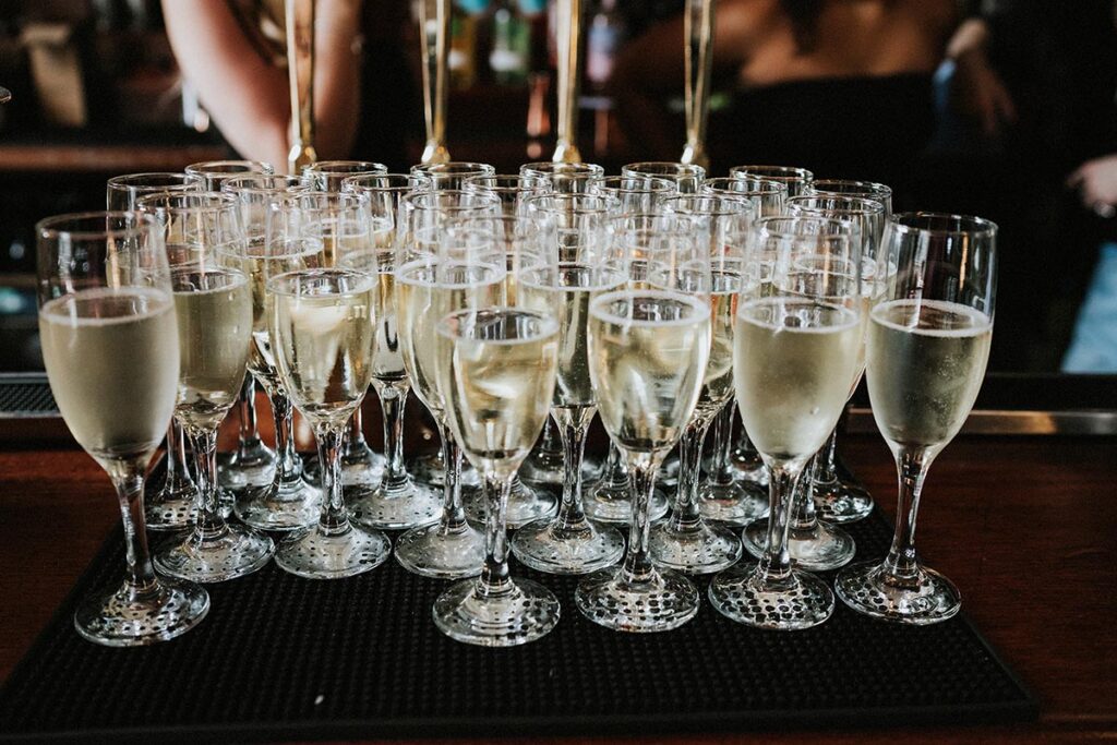 champagne glasses at a wedding at The Joker Pub in Brighton