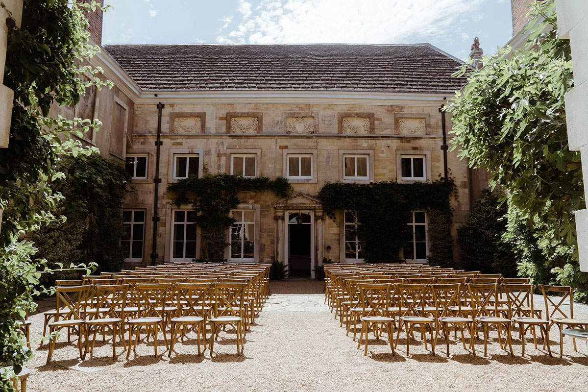 Courtyard at the wedding venue, Firle Place in Sussex ready for a wedding ceremony